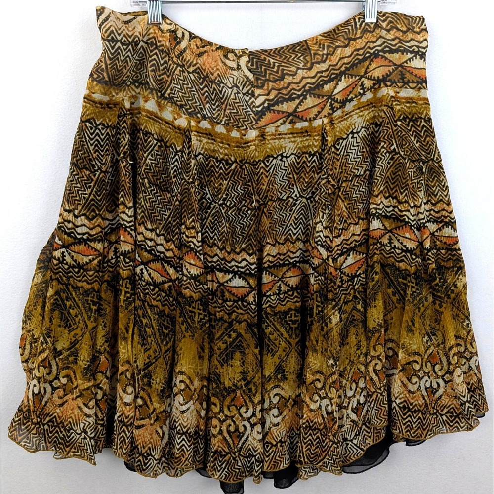 Chico's 100% Silk Skirt Womens Size 2 Large Gold Brown Geometric Boho Lined